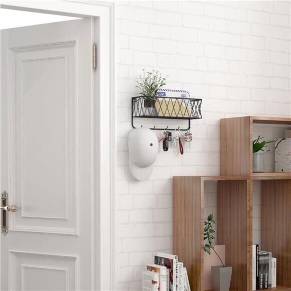 Entryway Mail Holder with Key Hooks,11.0" L×2.6"W×5.1"H,Wall Mounted Matte Black - Picture 4 of 6